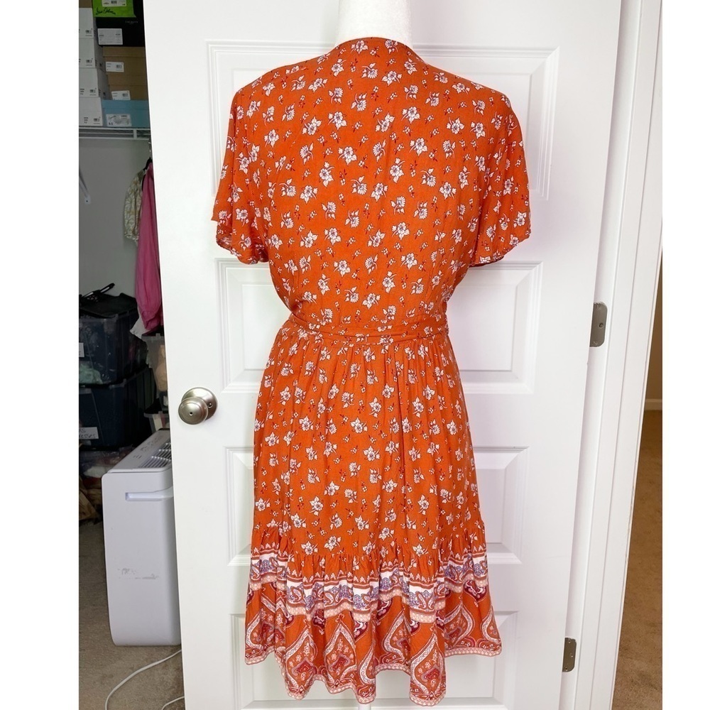 Boutique Summer Wrap V Neck Bohemian Floral Print Ruffle Swing A Line Mini Dress - Picture 4 of 10